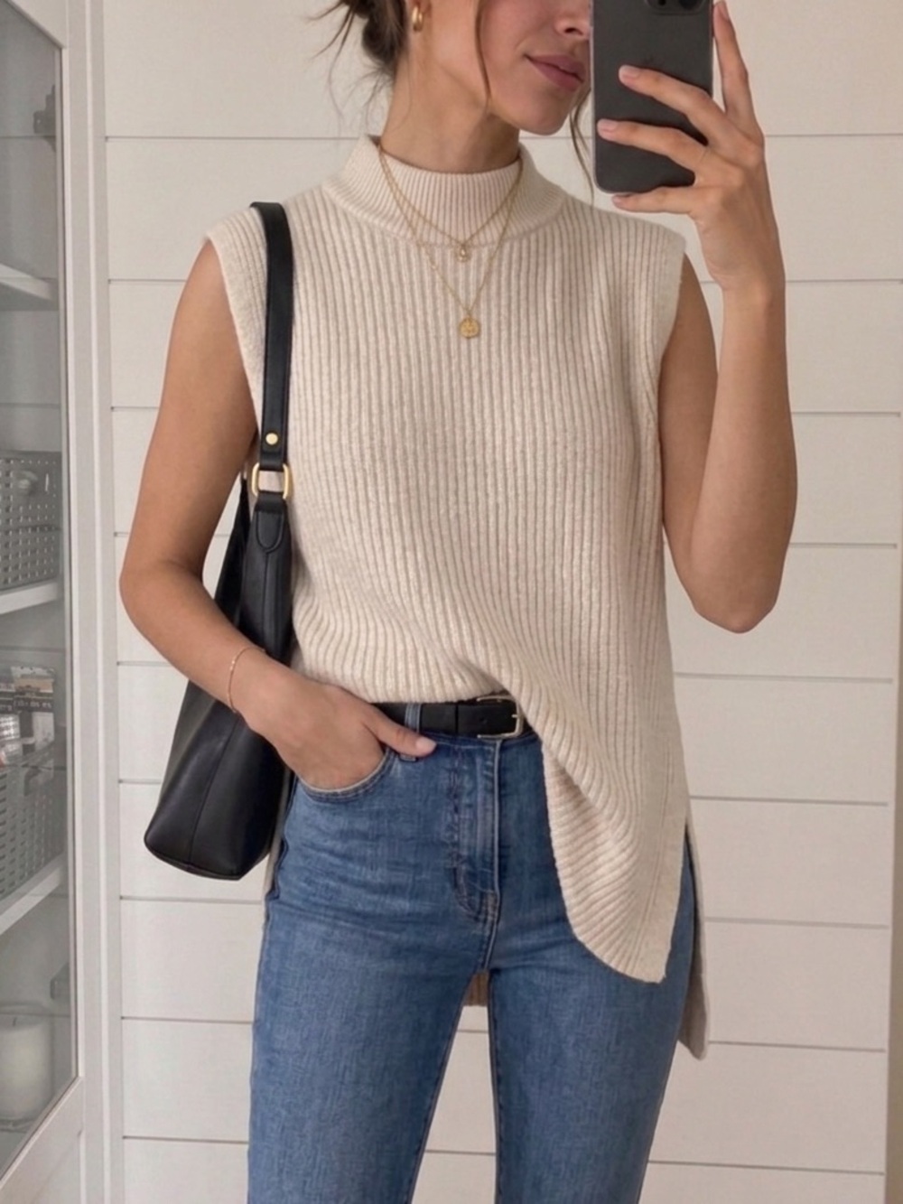 Treasure & Bond | oatmeal mockneck sleeveless sweater split hem rib knit